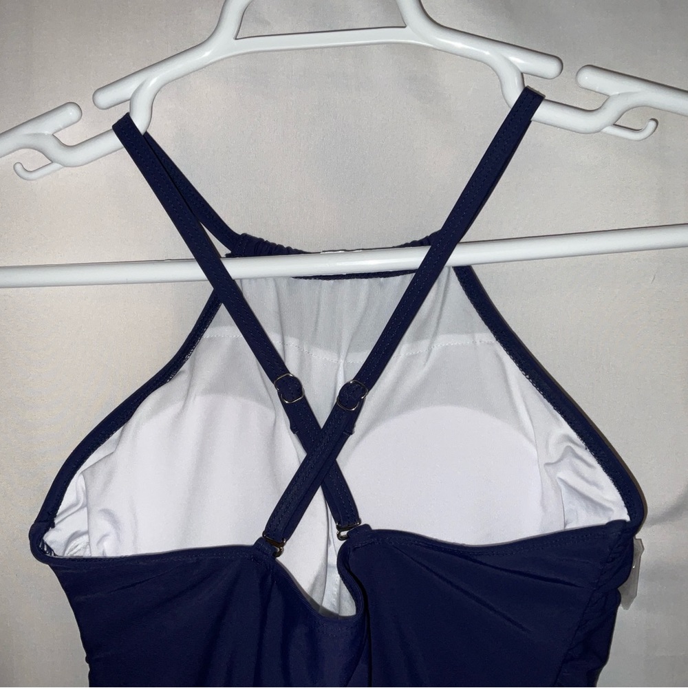NWT Women’s Holipick High Neck 1-Piece Tummy Control Cross Back Swimsuit Navy M - Picture 7 of 9